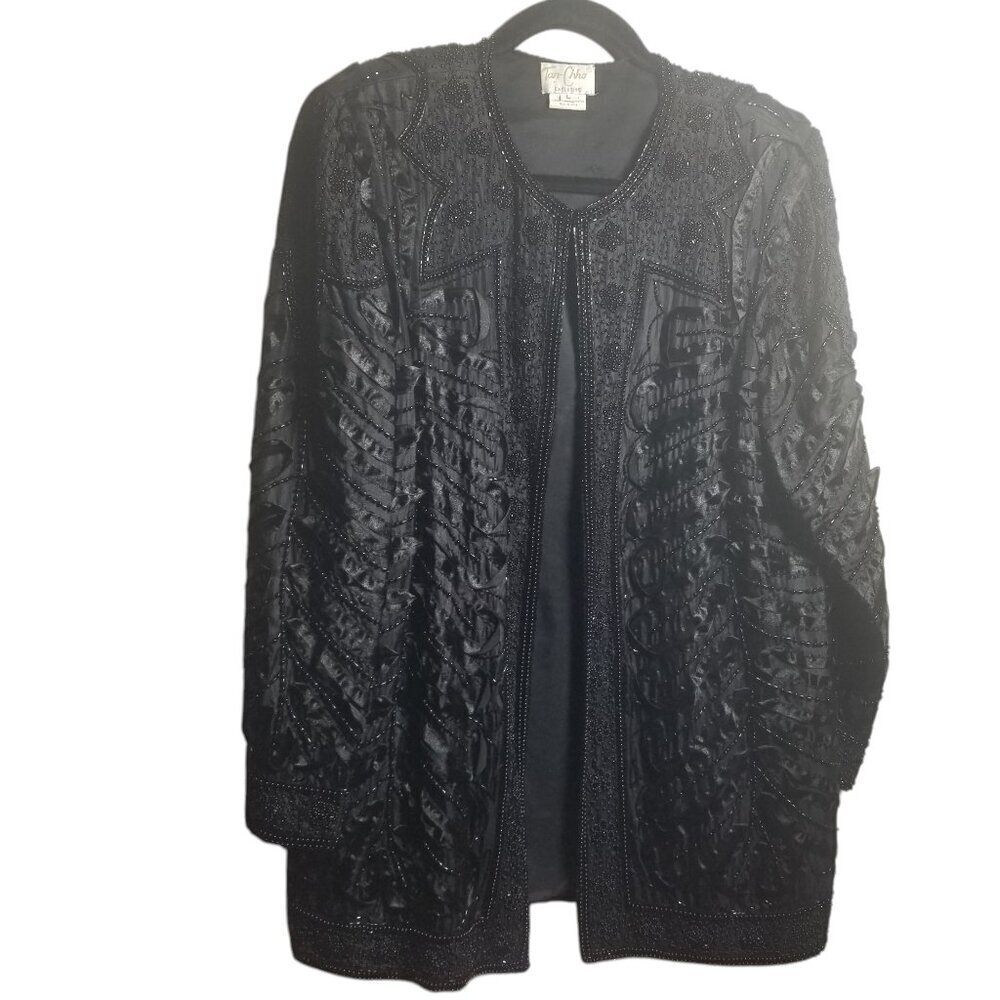 Vtg Tan-Chho Women's Silk Beaded Black Cardigan Cocktail Evening Sz L